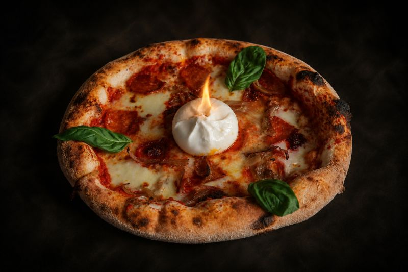 La pizza Flambé con burratina in fiamme, cipolla di Tropea caramellata e salamino piccante