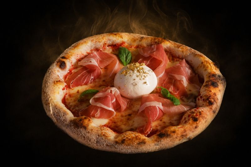 La pizza Smoke avvolta dal fumo di faggio, con prosciutto di Sauris e burratina con oro