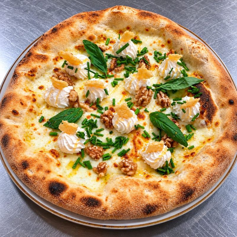 La pizza Malga con ricotta fresca, croccante al frico, noci ed erba cipollina