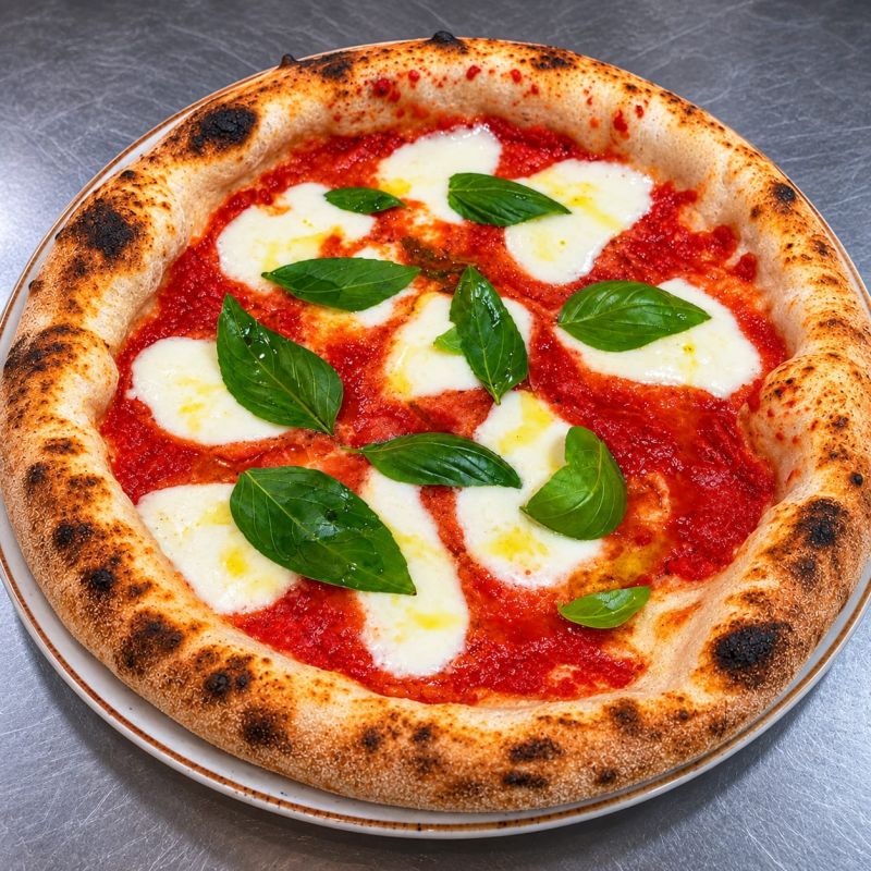 La pizza Bufala Campana DOC con pomodoro San Marzano, mozzarella e basilico fresco