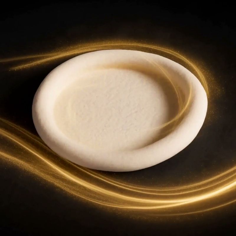 Una base di impasto appena stesa, avvolta da scie di luce dorata su fondo nero